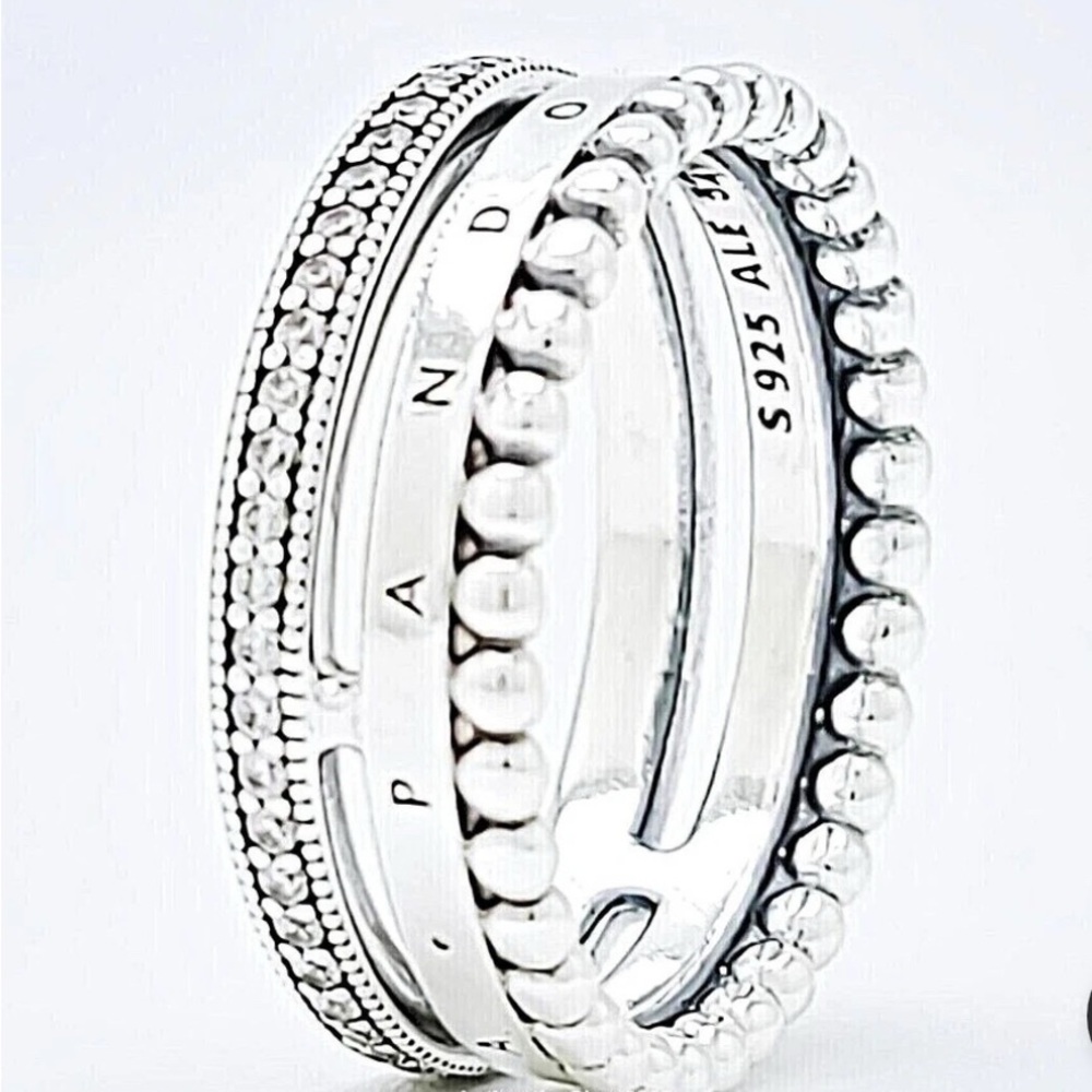 💯 Authentic Pandora 925 Silver Logo Pave CZ and beads Ring. Size 5